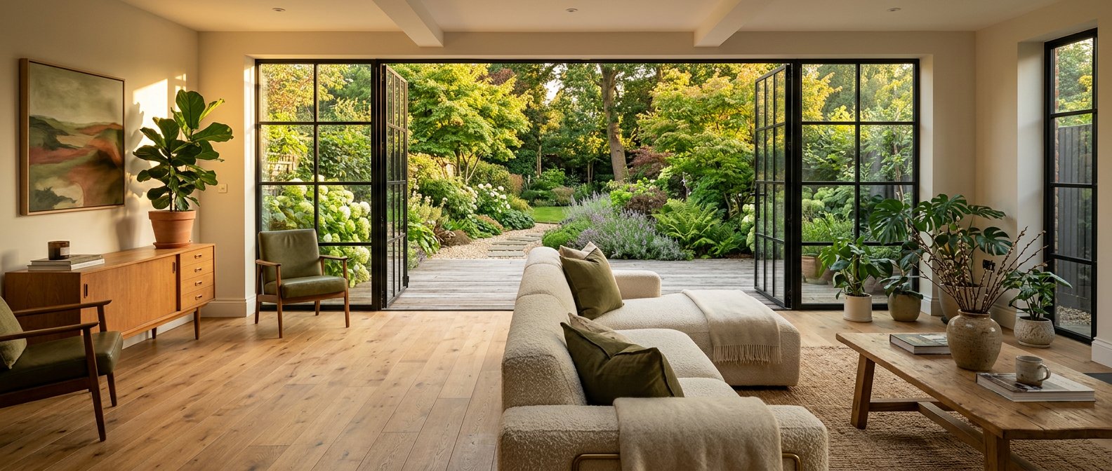 Renovated modern living room opening onto a landscaped garden