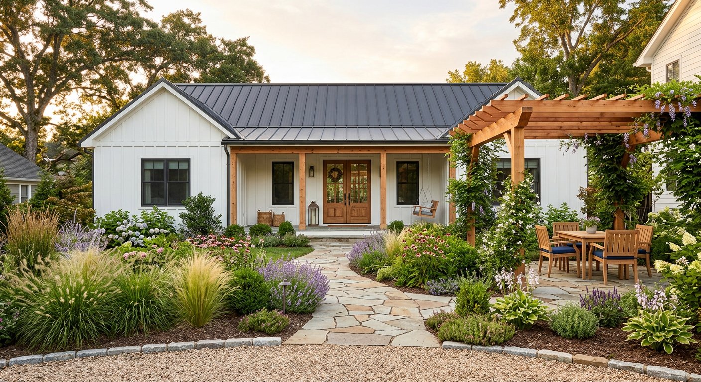 Renovated home exterior with landscaped garden