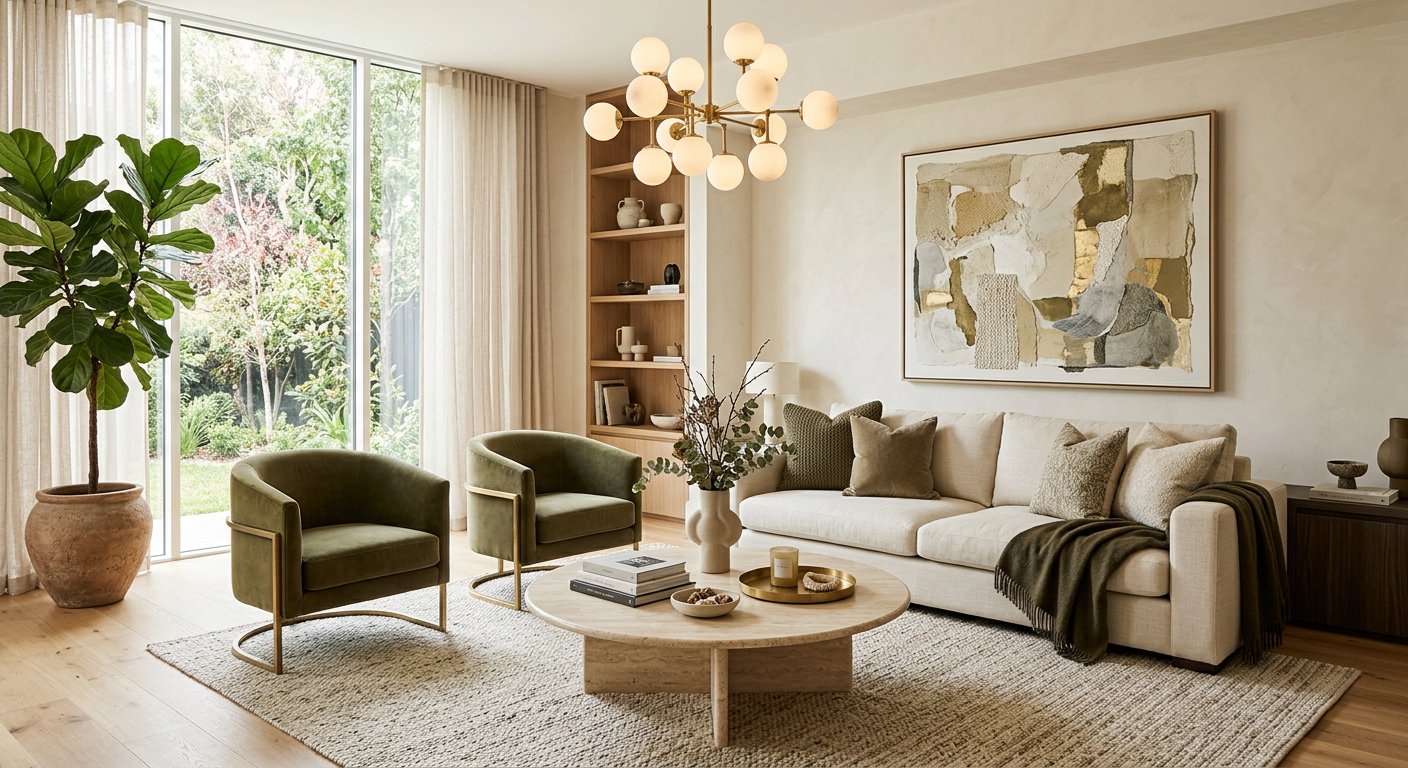 Warm, layered living room interior designed by Home Wonder Build